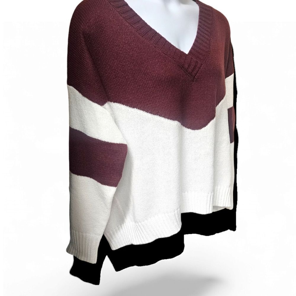 Plus Size Women's V- Neck LongSleeve Maroon & White Oversized Sweater 2X - Picture 6 of 11